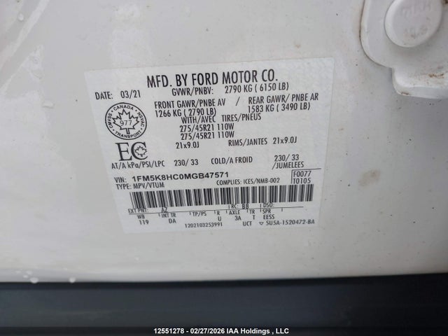 1FM5K8HC0MGB47571 Ford Explorer Platinum