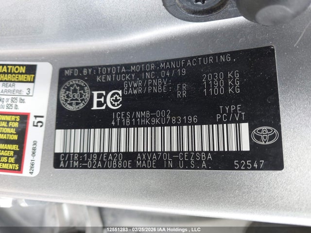 Продажа на аукционе авто 2019 Toyota Camry Se, vin: 4T1B11HK9KU783196, номер лота: 12551283