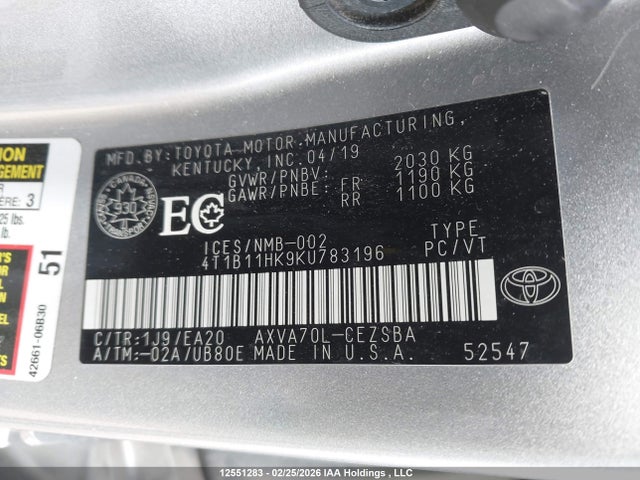 Продажа на аукционе авто 2019 Toyota Camry Se, vin: 4T1B11HK9KU783196, номер лота: 12551283