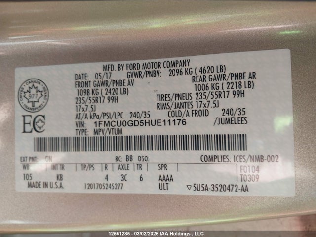 1FMCU0GD5HUE11176 Ford ESCAPE SE