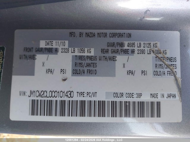 2012 Mazda Mazda5 Gs მანქანა იყიდება აუქციონზე, vin: JM1CW2CL0C0101430, აუქციონის ნომერი: 12551294