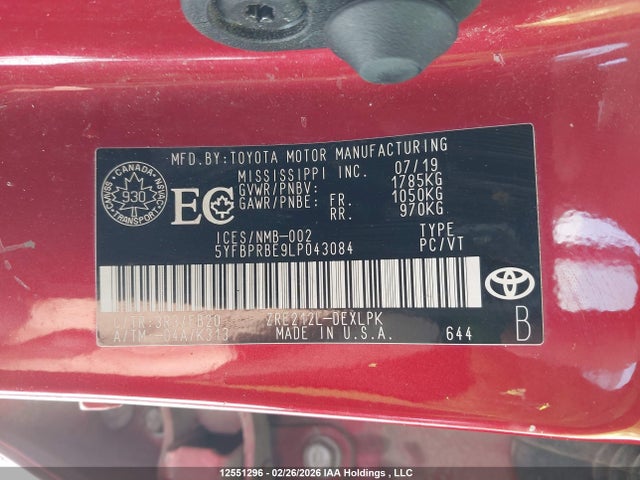 Продажа на аукционе авто 2020 Toyota Corolla Le, vin: 5YFBPRBE9LP043084, номер лота: 12551296