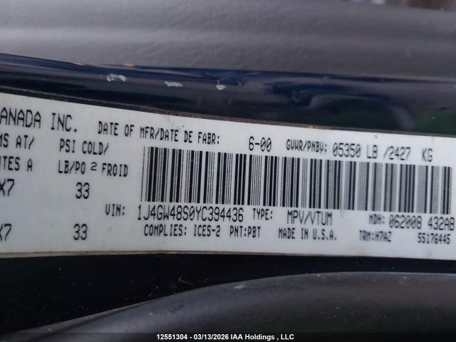 Продаж на аукціоні авто 2000 Jeep Grand Cherokee Laredo, vin: 1J4GW48S0YC394436, номер лоту: 12551304