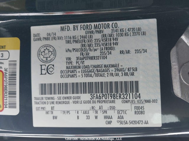 2014 Ford Fusion Se მანქანა იყიდება აუქციონზე, vin: 3FA6P0T98ER321104, აუქციონის ნომერი: 12551305