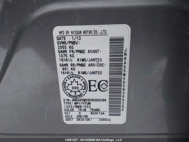 12551327 :رقم المزاد ، JN8AS5MV6CW389296 vin ، 2012 Nissan Rogue S/sv مزاد بيع