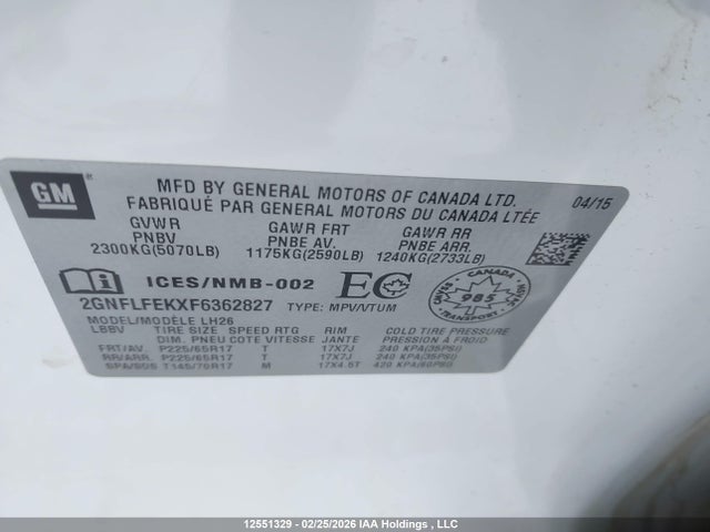 12551329 :رقم المزاد ، 2GNFLFEKXF6362827 vin ، 2015 Chevrolet Equinox 1lt مزاد بيع