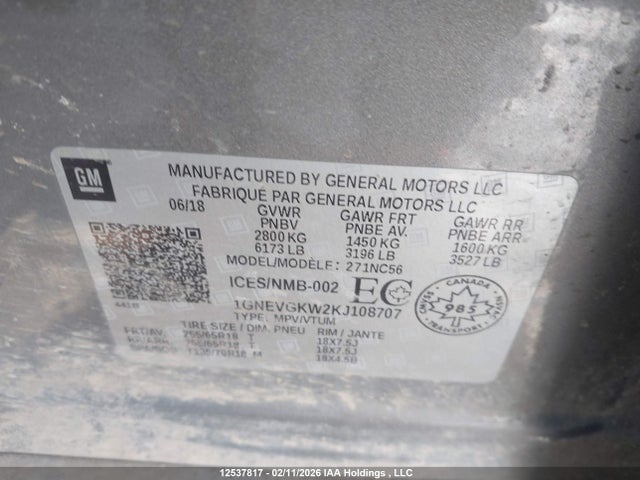 1GNEVGKW2KJ108707 Chevrolet Traverse Lt