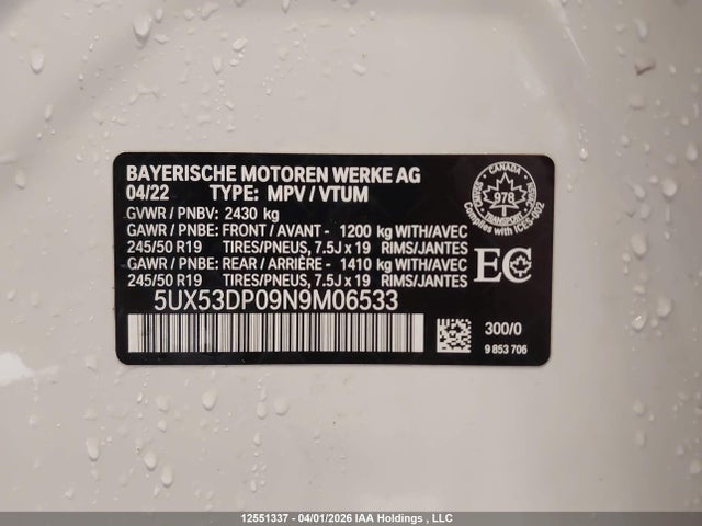 Aukcja sprzedaży 2022 Bmw X3 Xdrive30i, vin: 5UX53DP09N9M06533, numer aukcji: 12551337