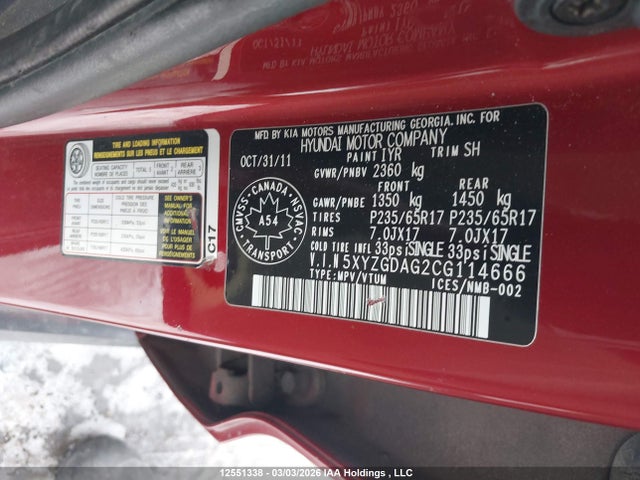 Aukcja sprzedaży 2012 Hyundai Santa Fe Gl 3.5, vin: 5XYZGDAG2CG114666, numer aukcji: 12551338