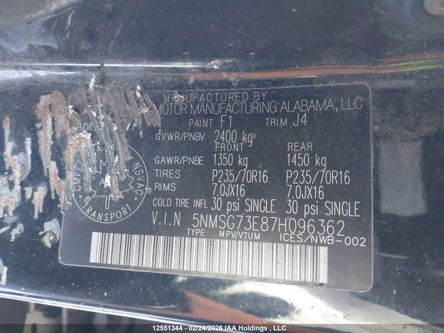 12551344 :رقم المزاد ، 5NMSG73E87H096362 vin ، 2007 Hyundai Santa Fe Gl مزاد بيع