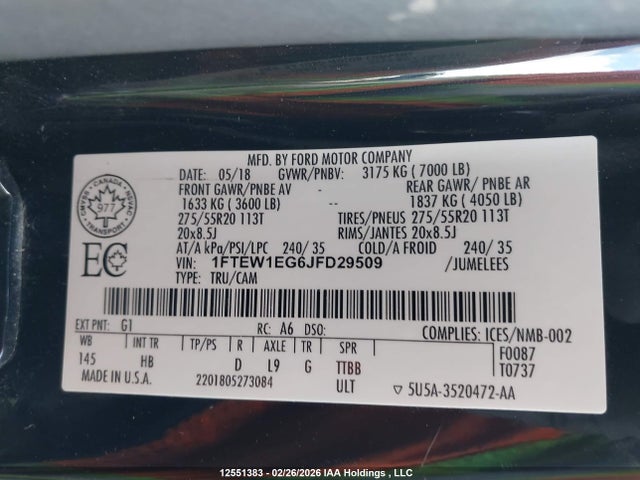 12551383 :رقم المزاد ، 1FTEW1EG6JFD29509 vin ، 2018 Ford F150 Supercrew مزاد بيع