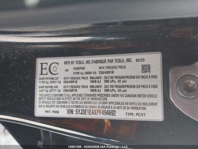 12551385 :رقم المزاد ، 5YJ3E1EAXPF494692 vin ، 2023 Tesla Model 3 Rwd مزاد بيع