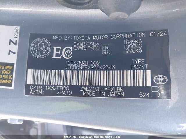 2024 Toyota Corolla Hybrid მანქანა იყიდება აუქციონზე, vin: JTDBCMFEXR3042343, აუქციონის ნომერი: 12551398