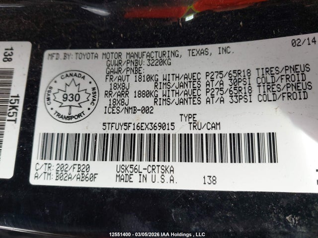5TFUY5F16EX369015 Toyota Tundra Sr 5.7l V8