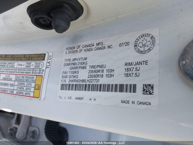 2HKRW2H86LH227731 Honda Cr-v Ex-l