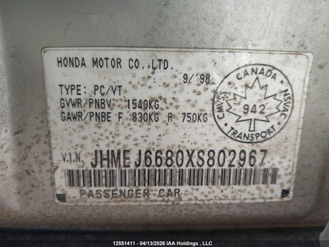 Aukcja sprzedaży 1999 Honda Civic Ex-g, vin: JHMEJ6680XS802967, numer aukcji: 12551411