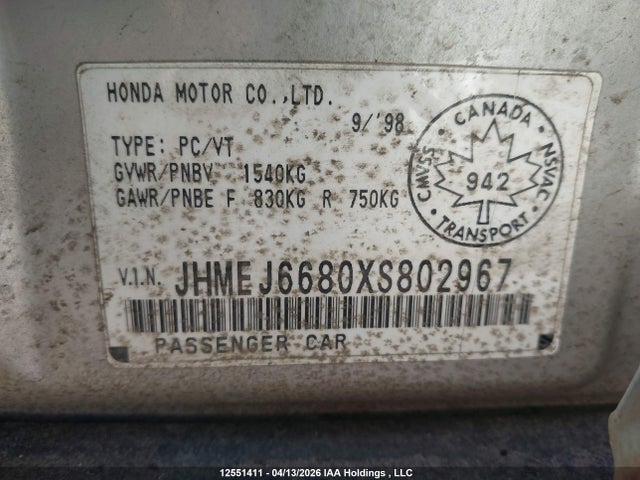 Aukcja sprzedaży 1999 Honda Civic Ex-g, vin: JHMEJ6680XS802967, numer aukcji: 12551411