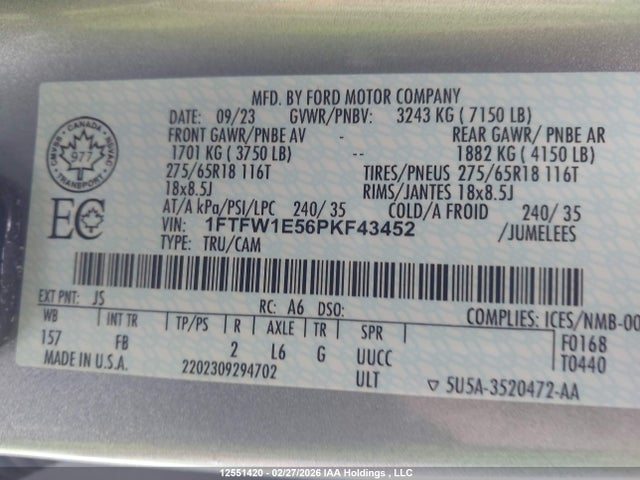 Продаж на аукціоні авто 2023 Ford F-150 Xlt, vin: 1FTFW1E56PKF43452, номер лоту: 12551420
