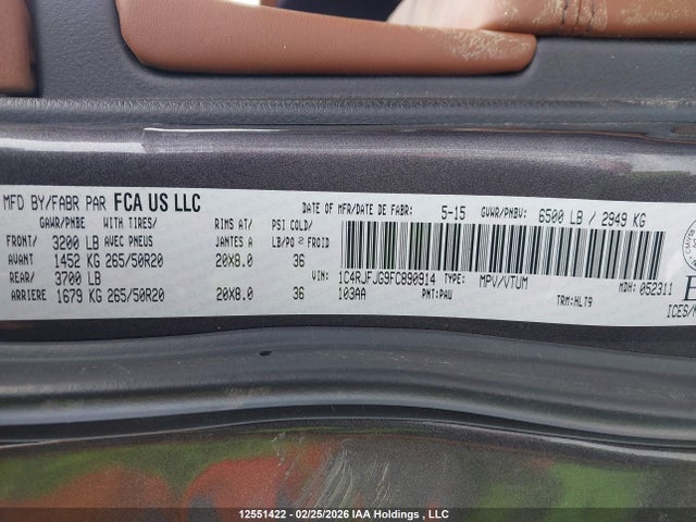 Aukcja sprzedaży 2015 Jeep Grand Cherokee Summit, vin: 1C4RJFJG9FC890914, numer aukcji: 12551422