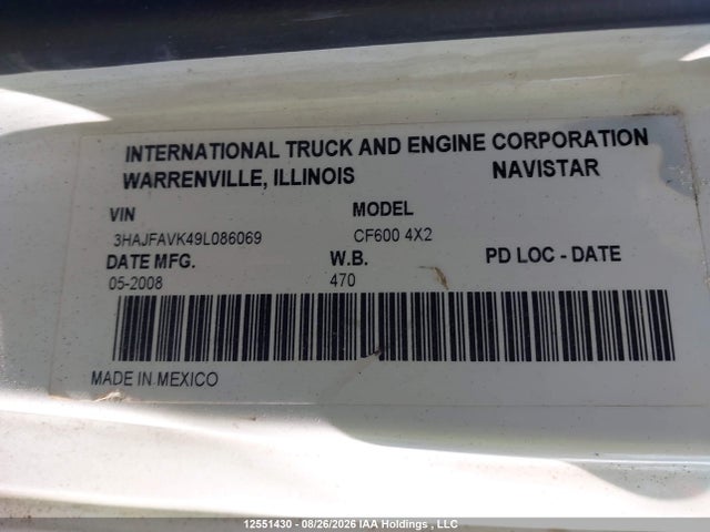 12551430 :رقم المزاد ، 3HAJFAVK49L086069 vin ، 2009 International Cf 600 مزاد بيع