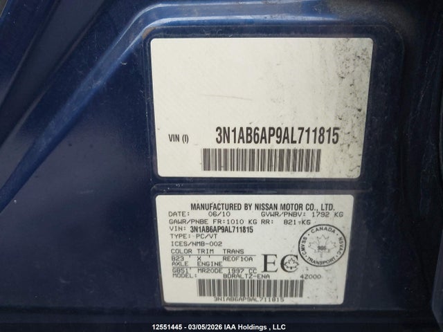 Aukcja sprzedaży 2010 Nissan Sentra 2.0s, vin: 3N1AB6AP9AL711815, numer aukcji: 12551445