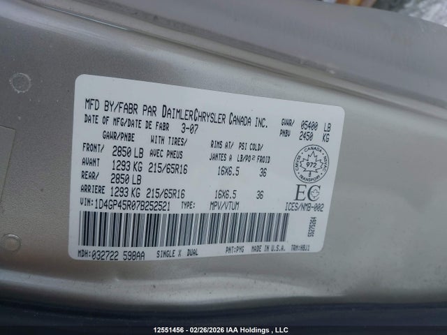 12551456 :رقم المزاد ، 1D4GP45R07B252521 vin ، 2007 Dodge Caravan مزاد بيع