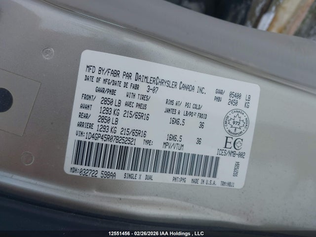 12551456 :رقم المزاد ، 1D4GP45R07B252521 vin ، 2007 Dodge Caravan مزاد بيع