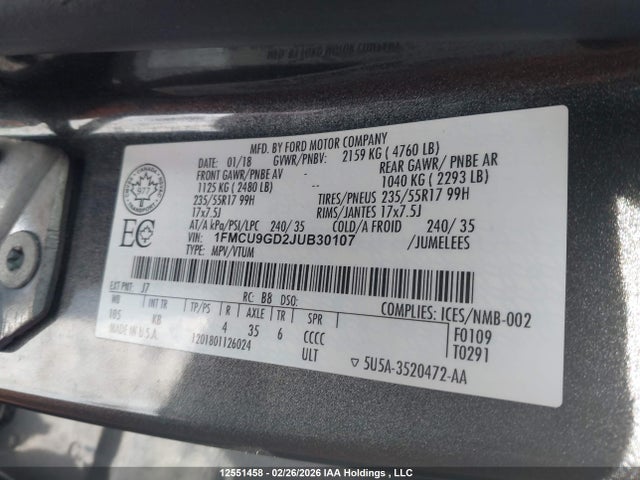 1FMCU9GD2JUB30107 Ford ESCAPE SE
