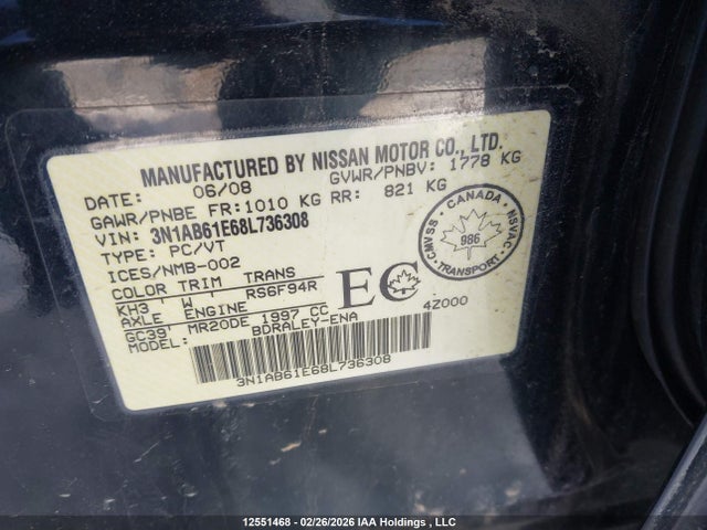 Продаж на аукціоні авто 2008 Nissan Sentra, vin: 3N1AB61E68L736308, номер лоту: 12551468