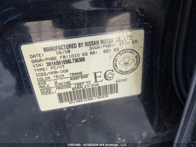 Продаж на аукціоні авто 2008 Nissan Sentra, vin: 3N1AB61E68L736308, номер лоту: 12551468