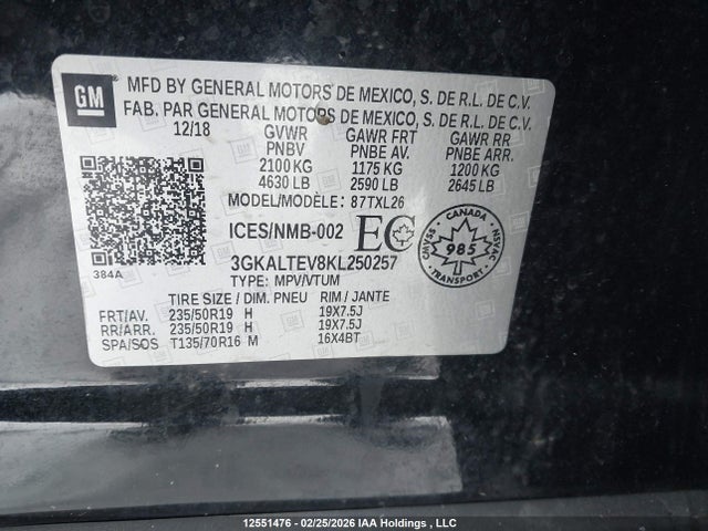 12551476 :رقم المزاد ، 3GKALTEV8KL250257 vin ، 2019 Gmc Terrain مزاد بيع