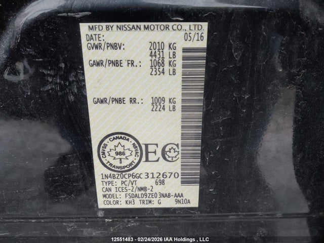 1N4BZ0CP6GC312670 Nissan Leaf