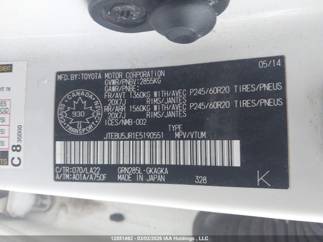 12551492 :رقم المزاد ، JTEBU5JR1E5190551 vin ، 2014 Toyota 4runner Sr5/limited/trail مزاد بيع