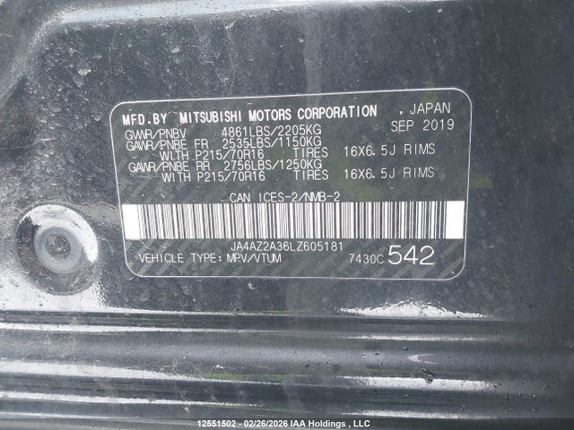 Продаж на аукціоні авто 2020 Mitsubishi Outlander Es/ex/ex-l, vin: JA4AZ2A36LZ605181, номер лоту: 12551502