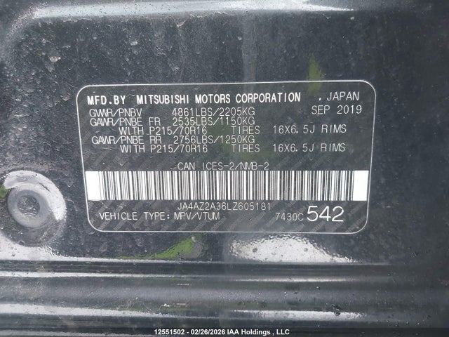 Продаж на аукціоні авто 2020 Mitsubishi Outlander Es/ex/ex-l, vin: JA4AZ2A36LZ605181, номер лоту: 12551502