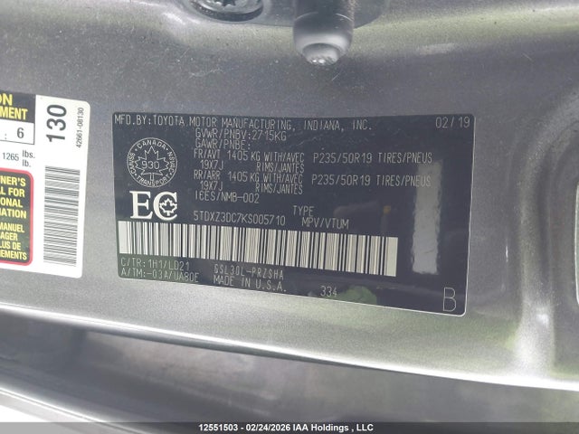 5TDXZ3DC7KS005710 Toyota Sienna Se 8-passenger