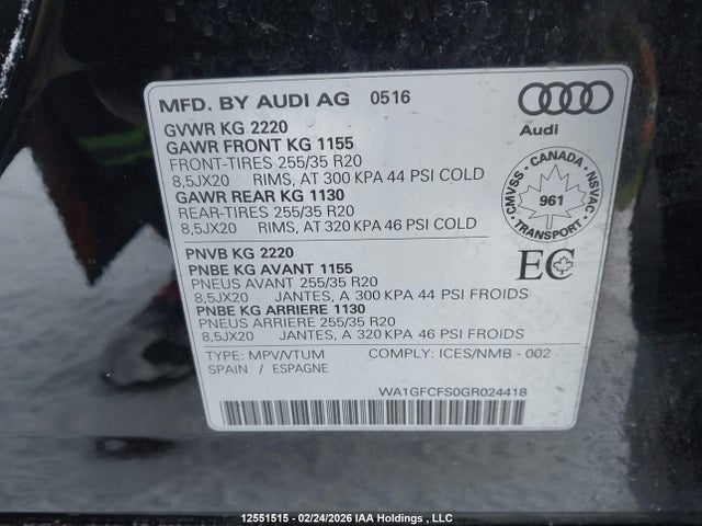 Aukcja sprzedaży 2016 Audi Q3 2.0t Technik, vin: WA1GFCFS0GR024418, numer aukcji: 12551515