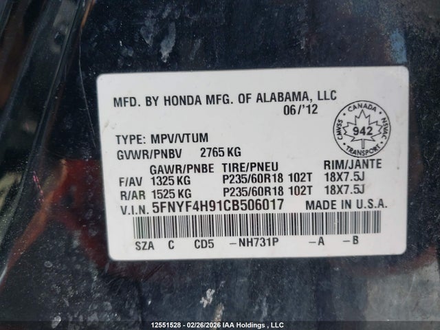 12551528 :رقم المزاد ، 5FNYF4H91CB506017 vin ، 2012 Honda Pilot Touring مزاد بيع