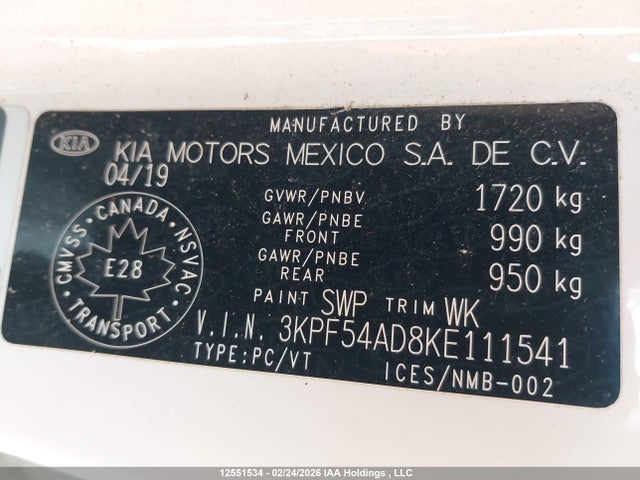 3KPF54AD8KE111541 KIA FORTE EX