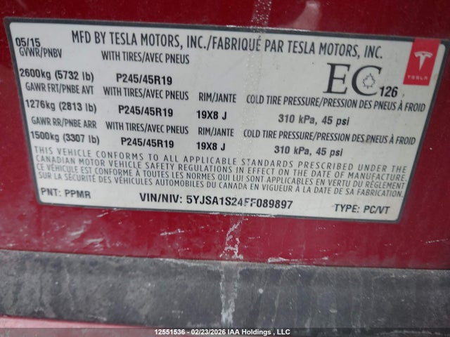 Aukcja sprzedaży 2015 Tesla Model S 70d, vin: 5YJSA1S24FF089897, numer aukcji: 12551536