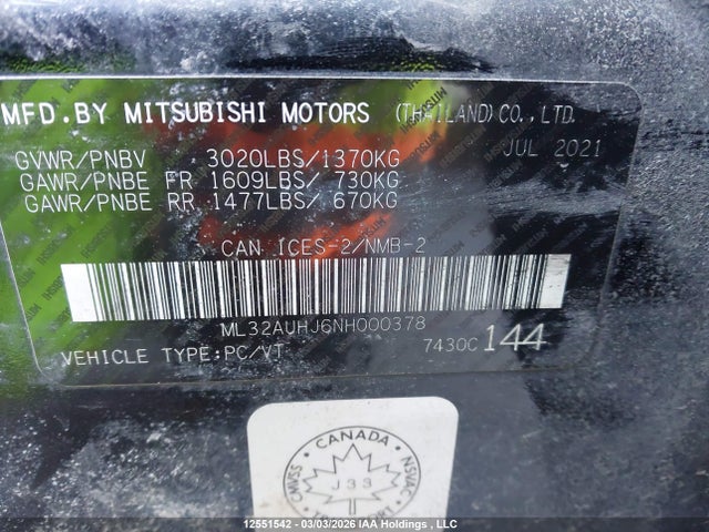 Aukcja sprzedaży 2022 Mitsubishi Mirage Carbon Edition/es/se, vin: ML32AUHJ6NH000378, numer aukcji: 12551542