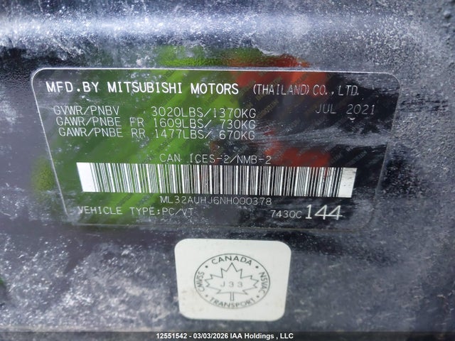 Aukcja sprzedaży 2022 Mitsubishi Mirage Carbon Edition/es/se, vin: ML32AUHJ6NH000378, numer aukcji: 12551542