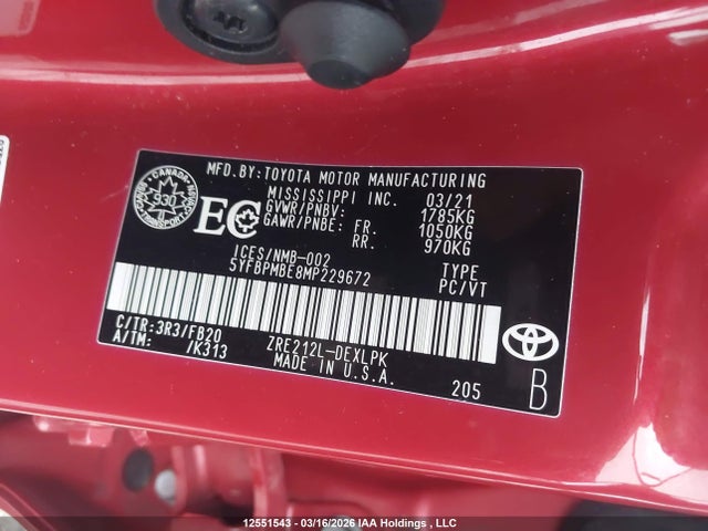 Aukcja sprzedaży 2021 Toyota Corolla Le, vin: 5YFBPMBE8MP229672, numer aukcji: 12551543