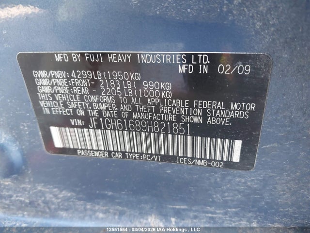 Aukcja sprzedaży 2009 Subaru Impreza 2.5 I, vin: JF1GH61689H821851, numer aukcji: 12551554