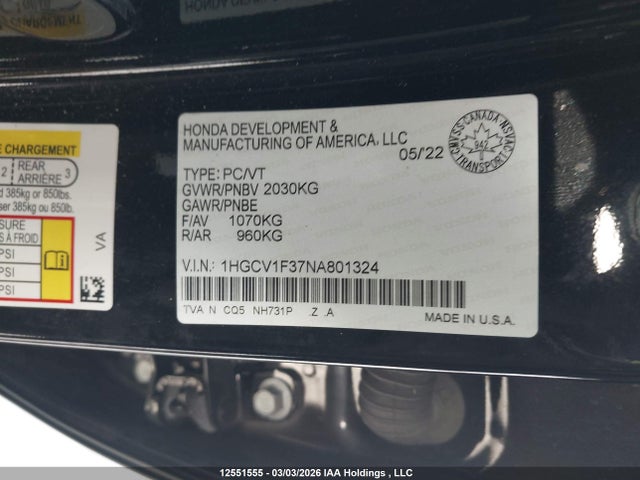 1HGCV1F37NA801324 Honda Accord Sport 1.5t