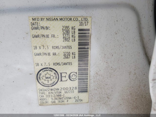 5N1AZ2MH2HN200328 Nissan Murano S/sl/sv/platinum