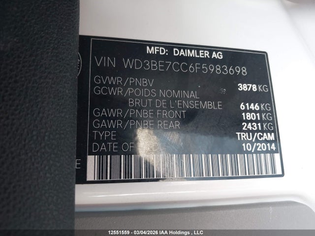Aukcja sprzedaży 2015 Mercedes-benz Sprinter 2500 Standard Roof V6, vin: WD3BE7CC6F5983698, numer aukcji: 12551559