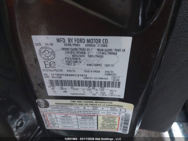 Продажа на аукционе авто 2009 Ford F-150 Xlt, vin: 1FTRW12829KC21812, номер лота: 12551560