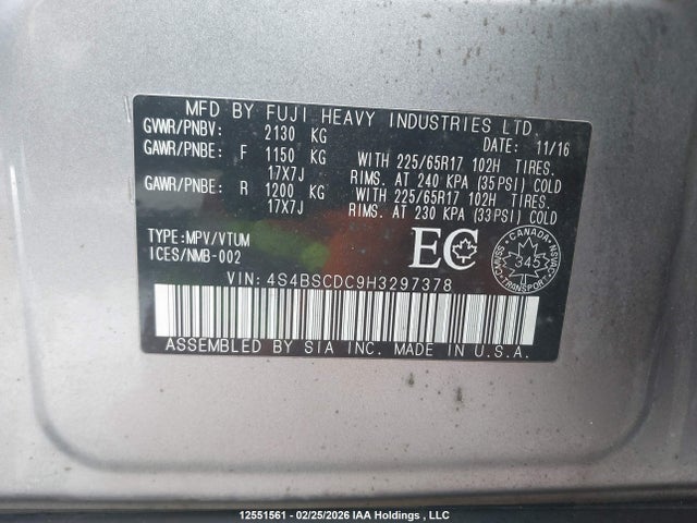 Subaru Legacy Outback 2017 4S4BSCDC9H3297378 Image 9
