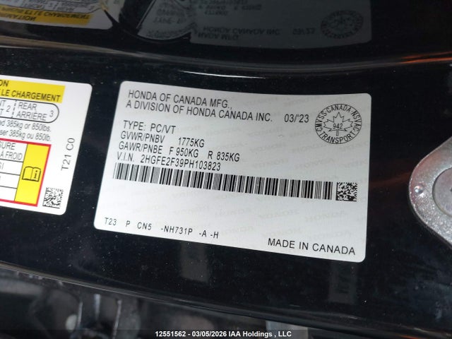 2HGFE2F39PH103823 Honda Civic Ex 4dr